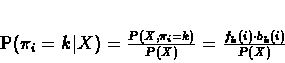 \begin{displaymath}
P(\pi_{i}=k \vert X) = \frac{P(X,\pi_{i}=k)}{P(X)} = \frac{f_{k}(i) \cdot b_{k}(i)}{P(X)}
\end{displaymath}