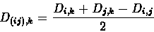 \begin{displaymath}
D_{(ij),k} = \frac{D_{i,k} + D_{j,k} - D_{i,j}}{2}
\end{displaymath}