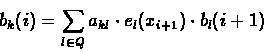 \begin{displaymath}b_{k}(i) = \sum_{l \in Q}{a_{kl} \cdot e_{l}(x_{i+1}) \cdot b_{l}(i+1)}
\end{displaymath}