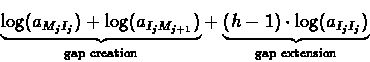 \begin{displaymath}\underset{\text{gap creation}}
{\underbrace{\log(a_{M_{j}I_...
... extension}}
{\underbrace{(h-1)\cdot\log(a_{I_{j}I_{j}})}}
\end{displaymath}