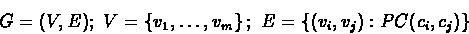 \begin{displaymath}G=(V,E);\ V=\left\{v_1,\ldots,v_m\right\};\ E=\left\{(v_i,v_j): PC(c_i,c_j)\right\}\end{displaymath}